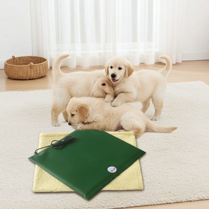 Three puppies playing on a rug with a Warm.A.Pet-Heat pad nearby.