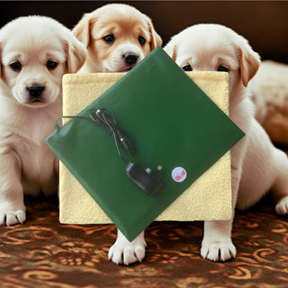 Three puppies behind a green Warm.A.Pet-Heat pad on a patterned surface