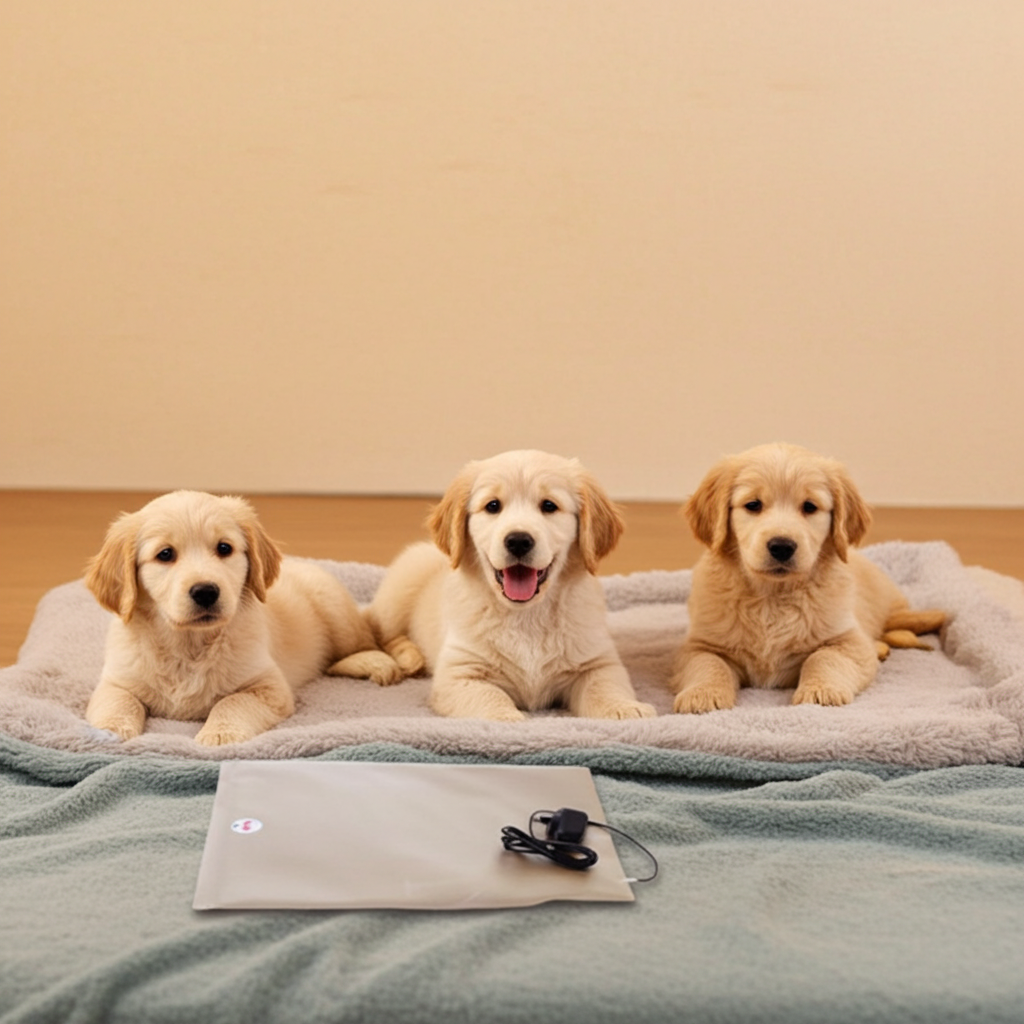 Three golden retriever puppies sitting on a blanket with a warm.a.pet heat pad in front of them.