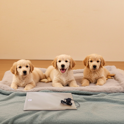 Three golden retriever puppies sitting on a blanket with a warm.a.pet heat pad in front of them.