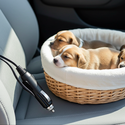 Two puppies in a car seat with a Warm.A.Pet In-Car Lead.