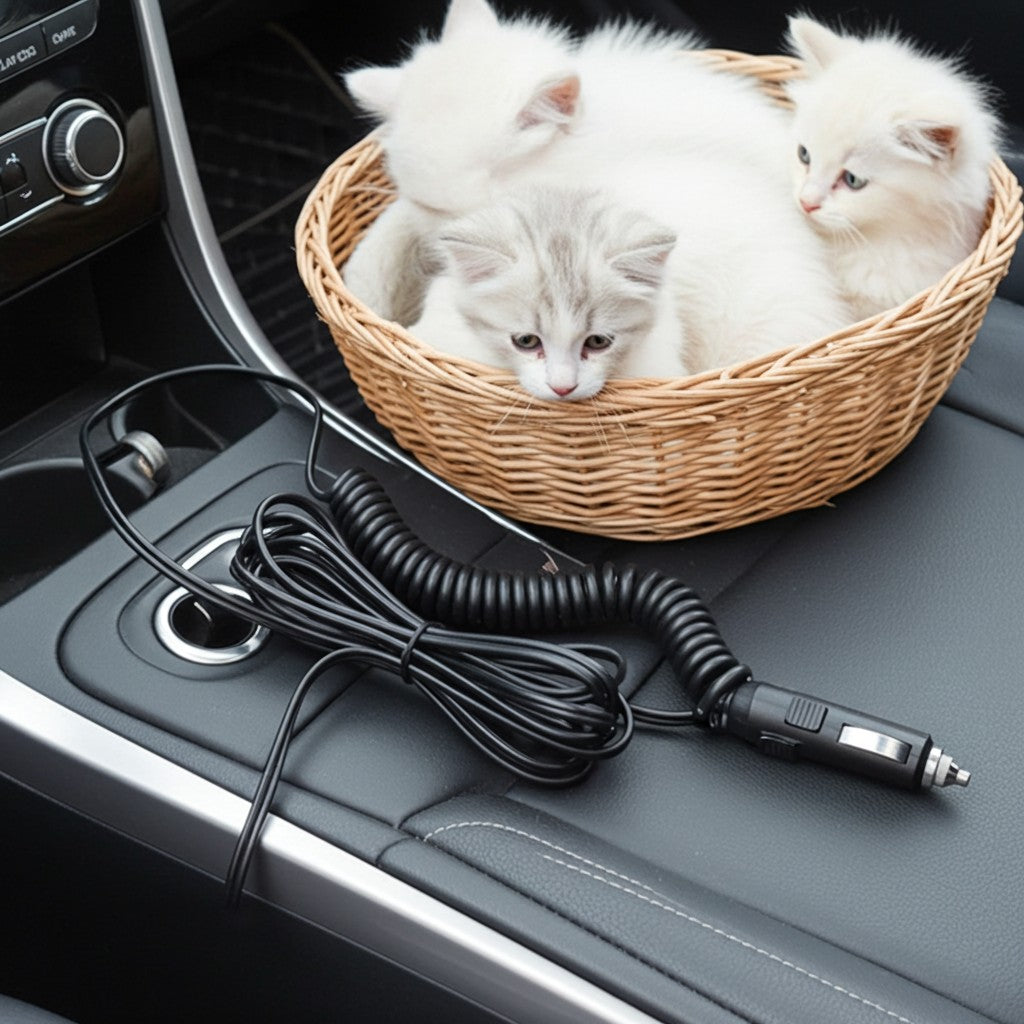 Three white kittens in a woven basket on a car's console with a Warm.A.Pet In-Car Lead.