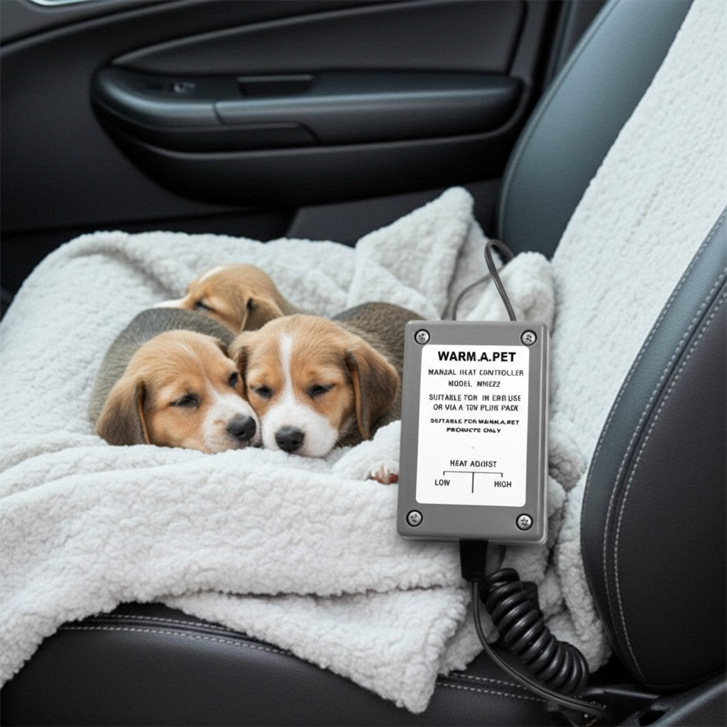 Two puppies resting on a blanket with a 'Warm A Pet' heating pad plugged into a car's power outlet.