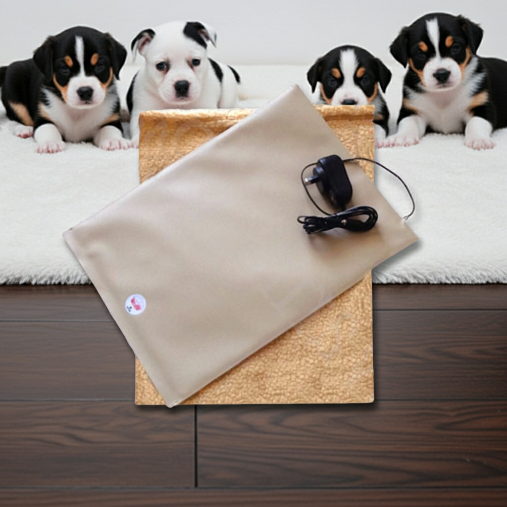 Warm.A.Pet heat pad with power cord on a wooden floor, surrounded by puppies.
