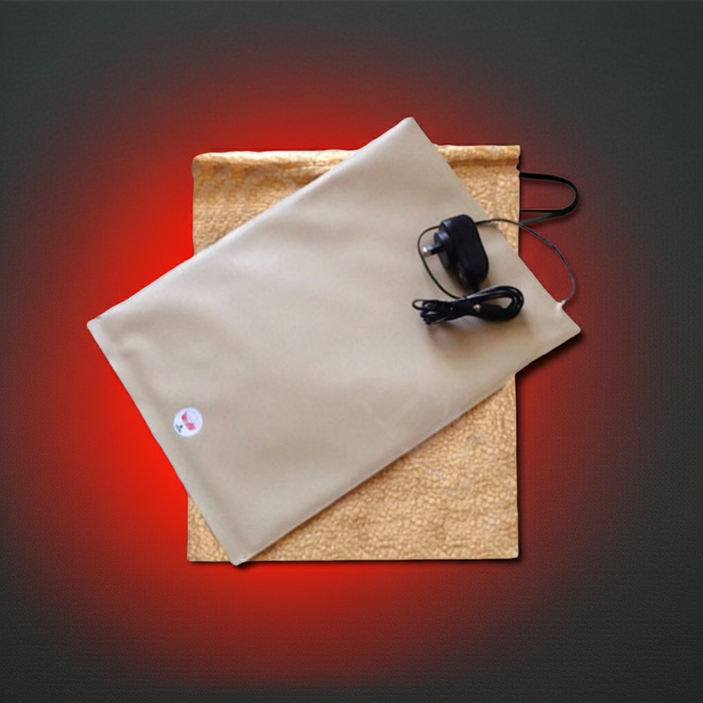 A Warm.A.Pet heating pad with power cord on a wooden board against a gradient red to black background