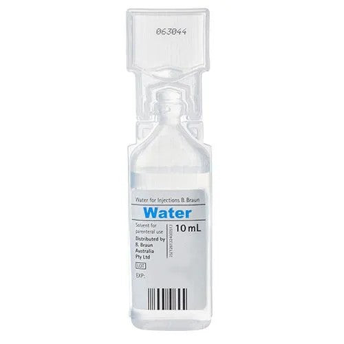 10 mL water ampule for injections with B. Braun label on a white background