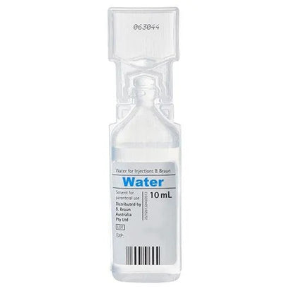 10 mL water ampule for injections with B. Braun label on a white background