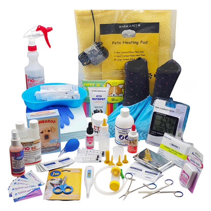 A Whelping Kit containing a collection of supplies for dog whelping, including a heat pad, supplements, disinfectants, gloves, syringes, scissors, and other items.