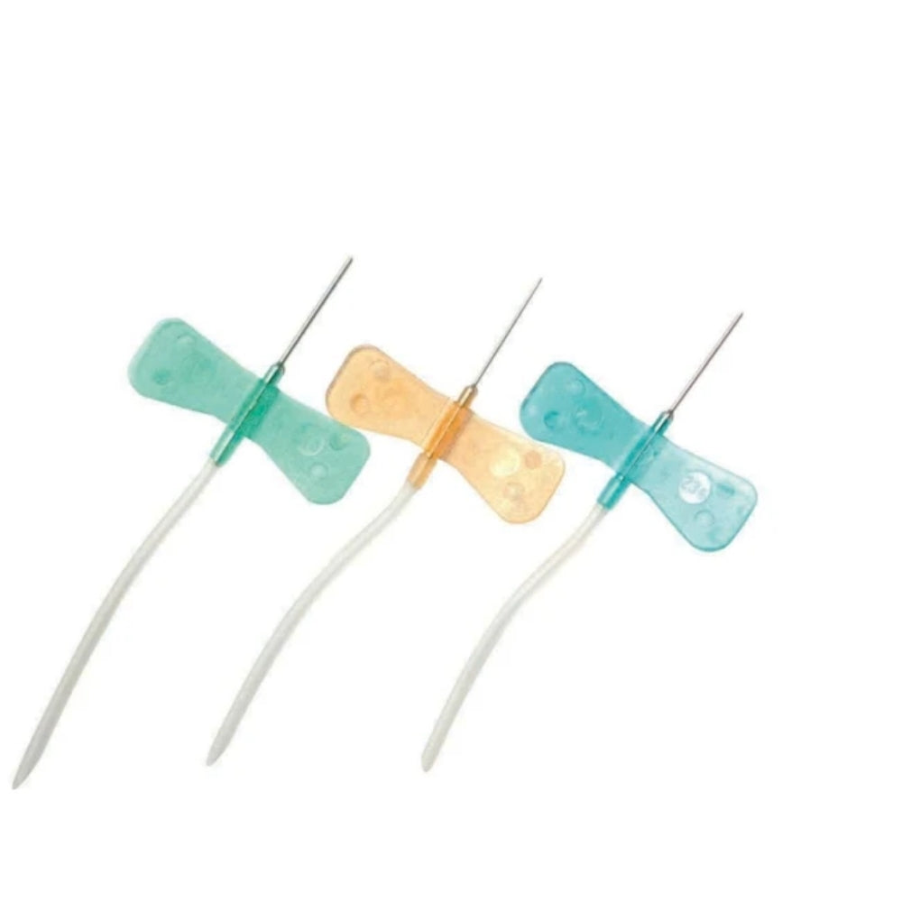 Three terumo winged infusion needles on a white background
