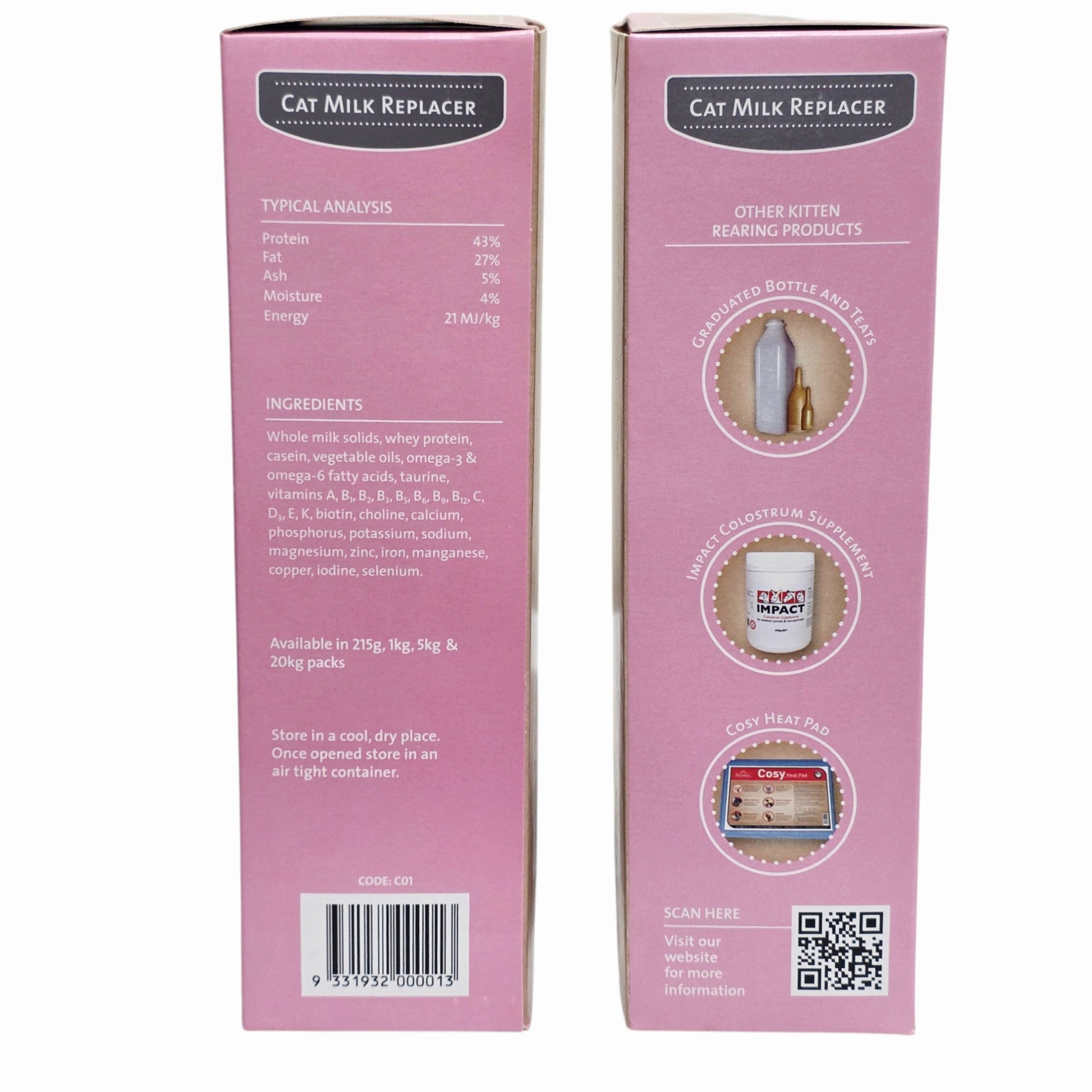 Two pink boxes of Wombaroo Cat Milk Replacer on a white background