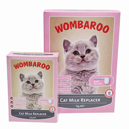 Wombaroo cat milk replacer packaging with a cat illustration on a white background