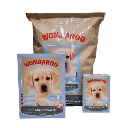 Wombaroo dog milk replacer 5kg Bag, 1kg Box and 215g Box on a white background