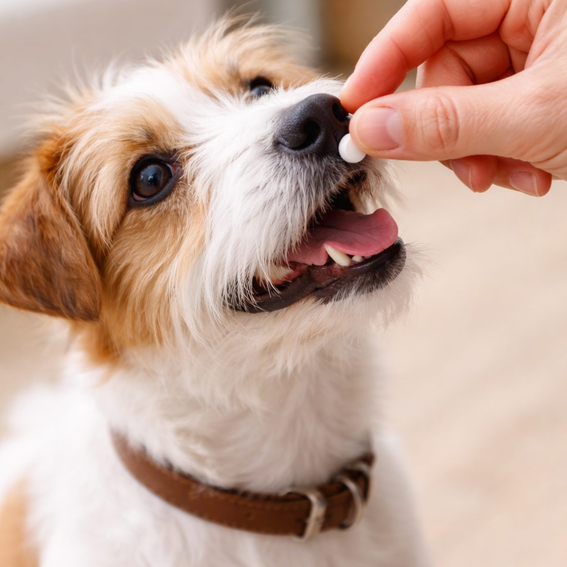 Small dog being given a worming tablet by a person's hand