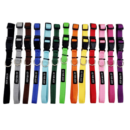 Assorted colorful dog collars with visible brand name on a white background