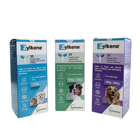 Three boxes of Zylkene Calming Capsules for Dogs and Cats in different strengths, with the brand logo and product information displayed on the labels.