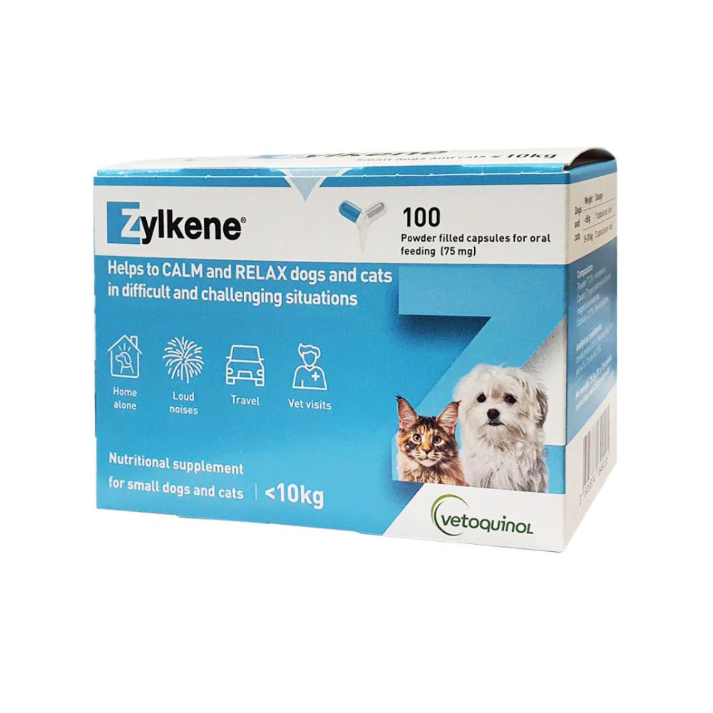 A box of Zylkene small capsules 100 on a white background