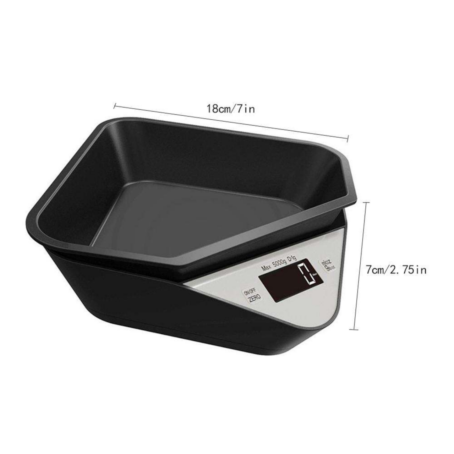 Black digital scale showing dimensions on a white background