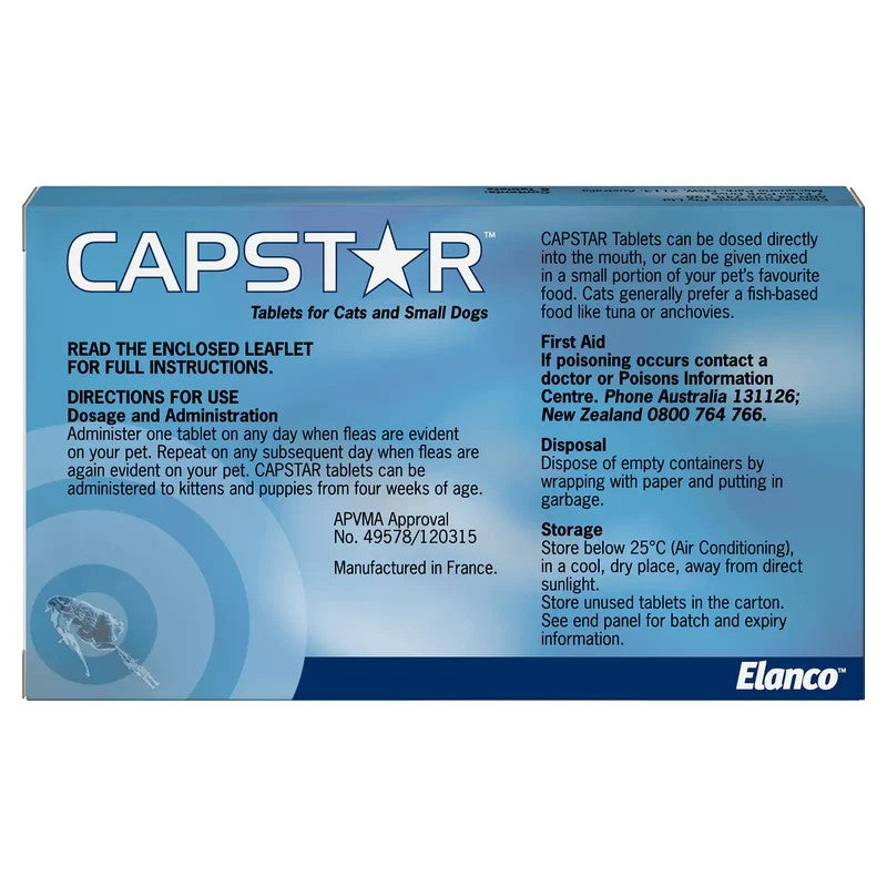 CAPSTAR tablet packaging for cats and small dogs with Elanco branding.