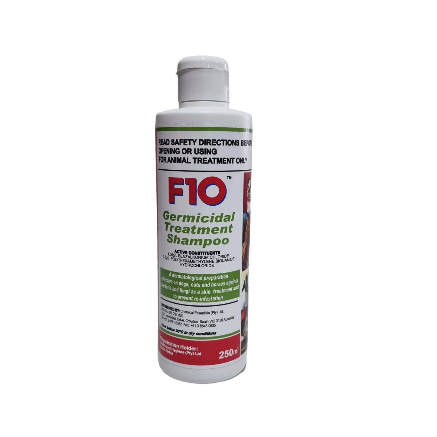 A bottle of F10 Germicidal Treatment Shampoo with product information and dosage instructions displayed on the label.