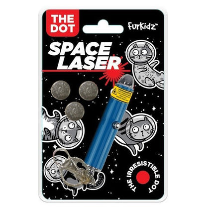 Packaging for Furkidz Space Laser Toy featuring a blue laser pointer and illustrations of cats playing with a laser dot on a black background with space-themed graphics.