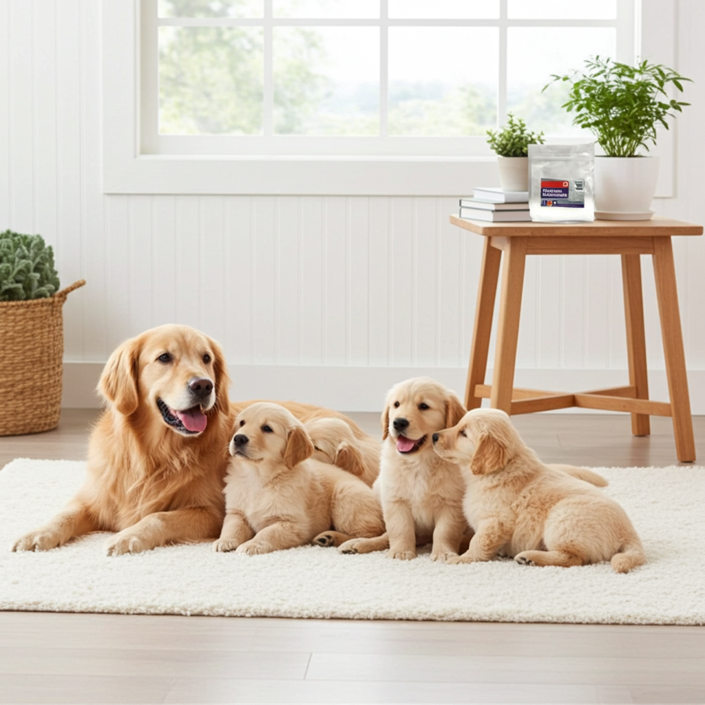 Golden retriever adult dog with three puppies on a rug in a bright room.