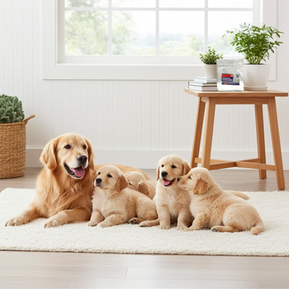 Golden retriever adult dog with three puppies on a rug in a bright room.