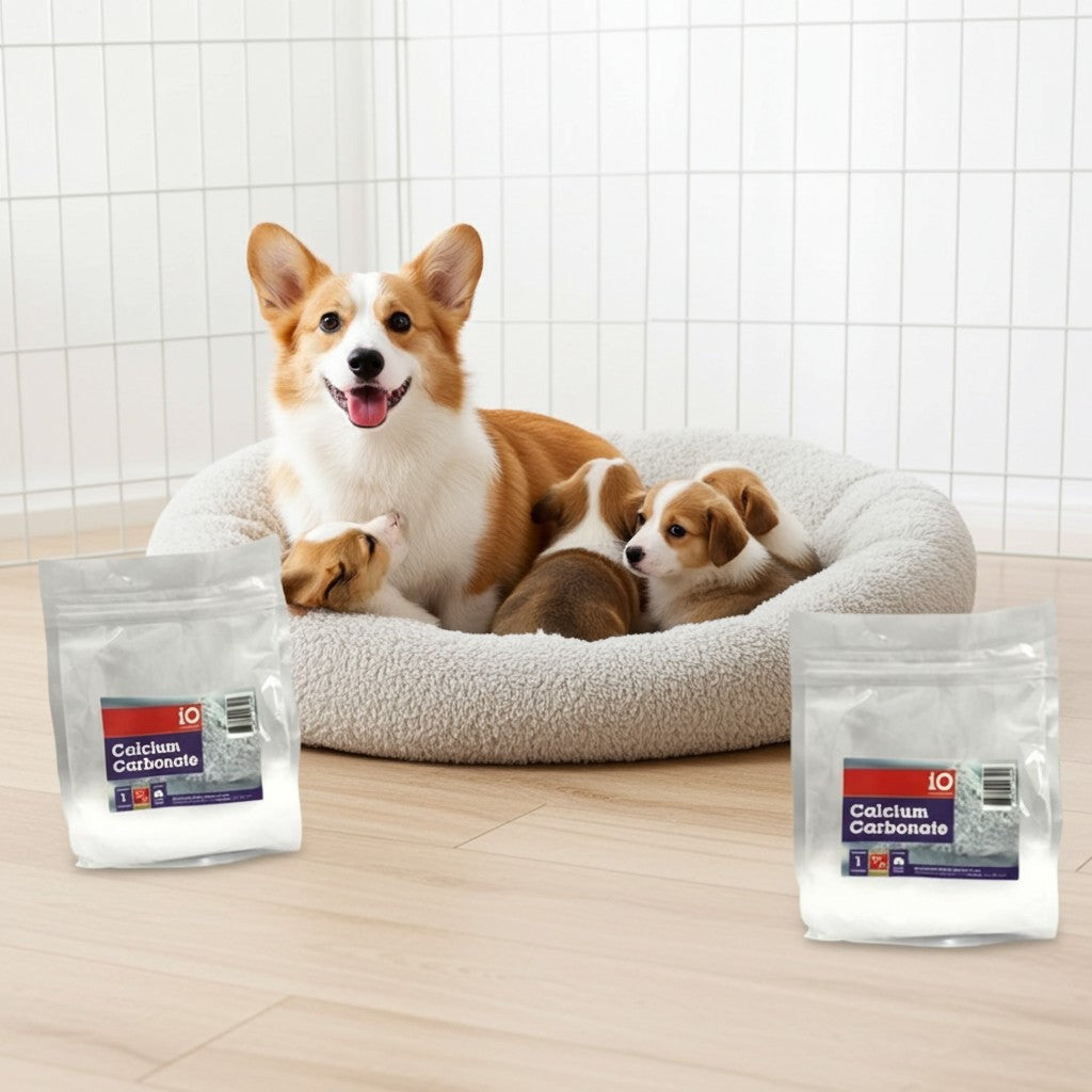 A corgi with puppies on a pet bed with two packages of calcium carbonate powder on a wooden floor.