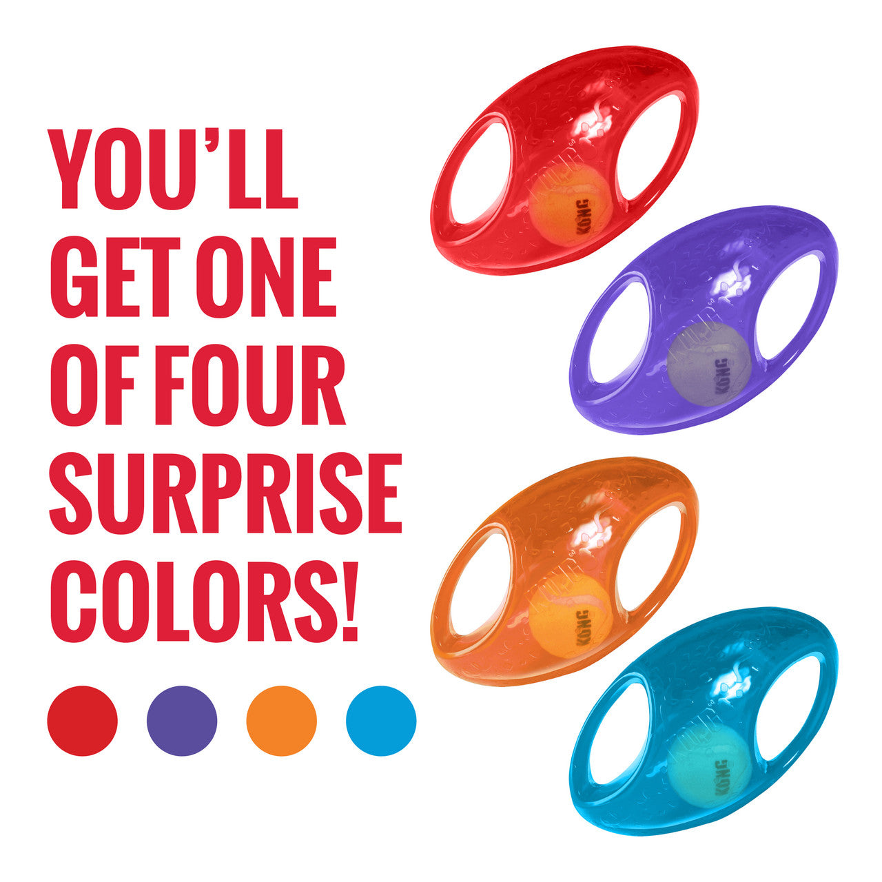 Colorful KONG Jumbler Footy dog toys with text indicating surprise color options on a white background