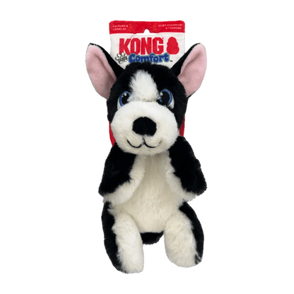 kong comfort pups boss dog toy with pink ears, featuring a KONG Comfort tag on a white background.