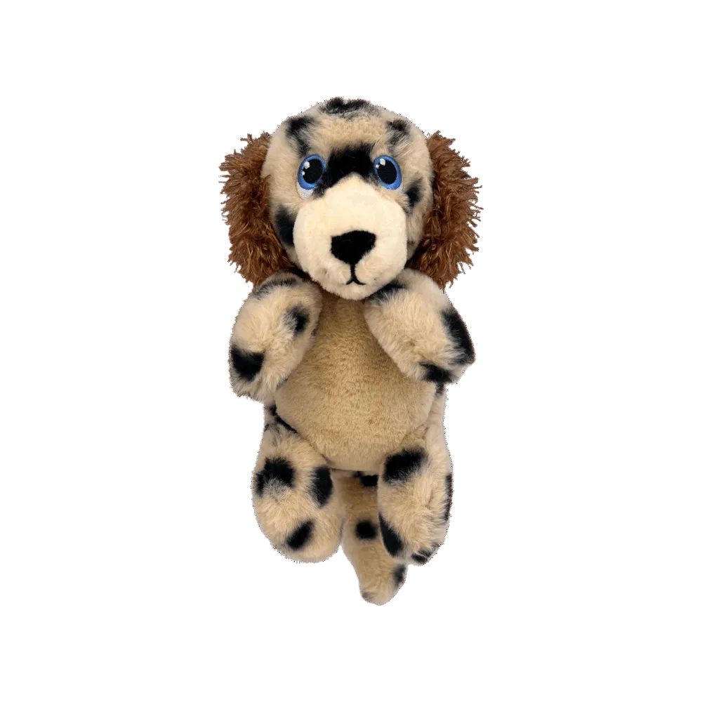 kong comfort pups spot dog toy with brown ears and black spots on a white background