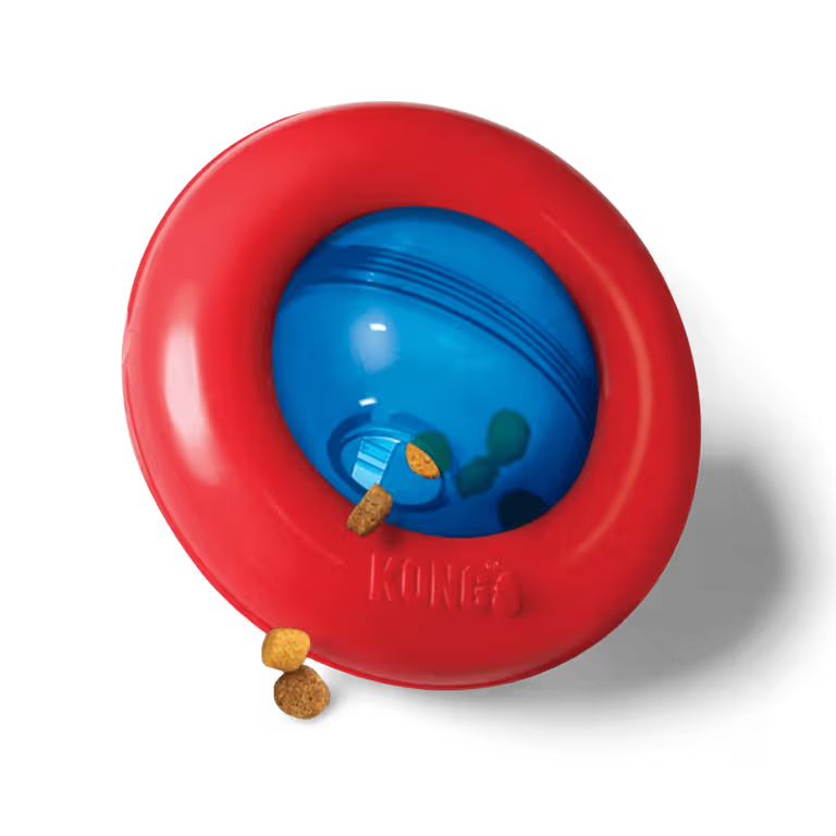 Red and blue Gyro KONG dog toy with treats on a white background