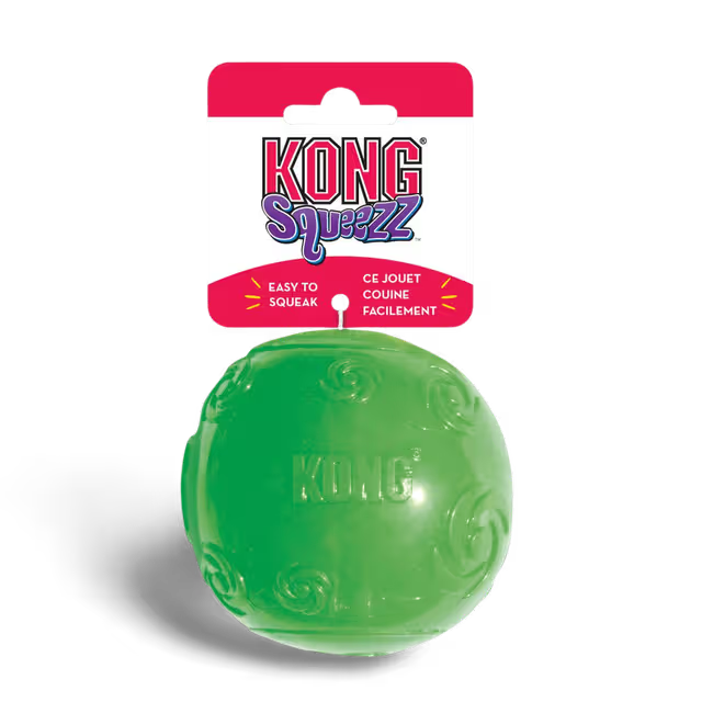 Green KONG Squeezz ball with packaging on a white background