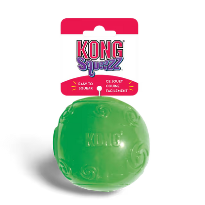 Green KONG Squeezz ball with packaging on a white background