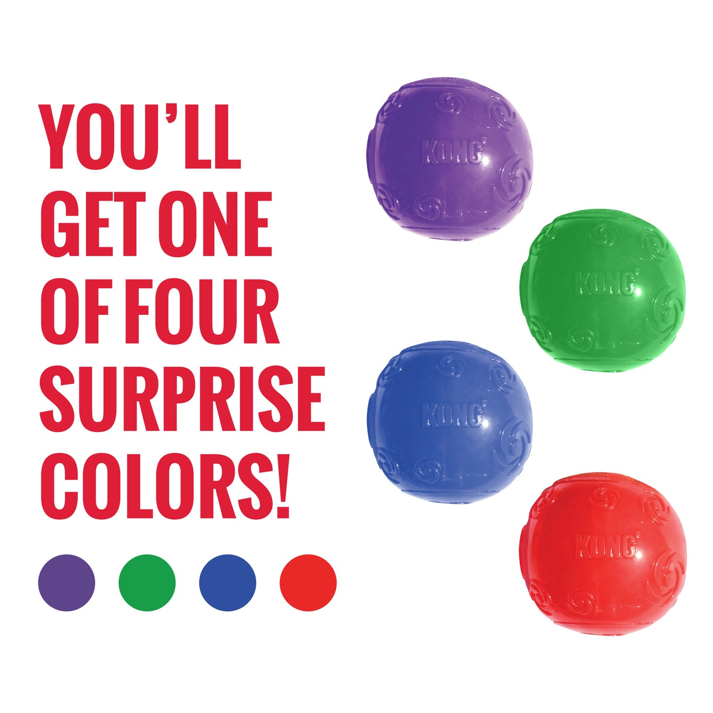 Colorful KONG Squeezz Ball dog toys with text indicating surprise color options on a white background.