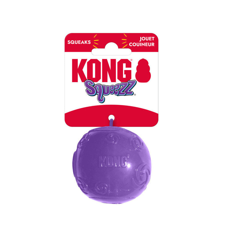 Purple KONG Squeezz ball on a white background