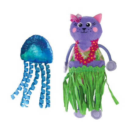 KONG Hula cat toy with hula skirt and blue jellyfish toy on a white background