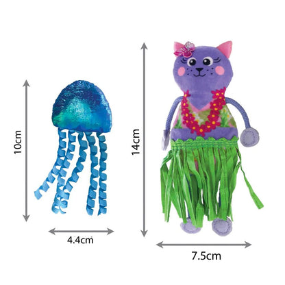 KONG Hula Cat Toy measurement chart comparing a blue jellyfish toy and a purple cat toy with green grass skirt on a white background.