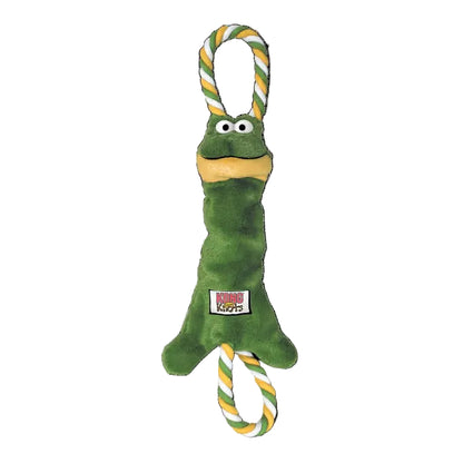 KONg Tugger Knots dog toy shaped like a frog with a rope handle on a black background