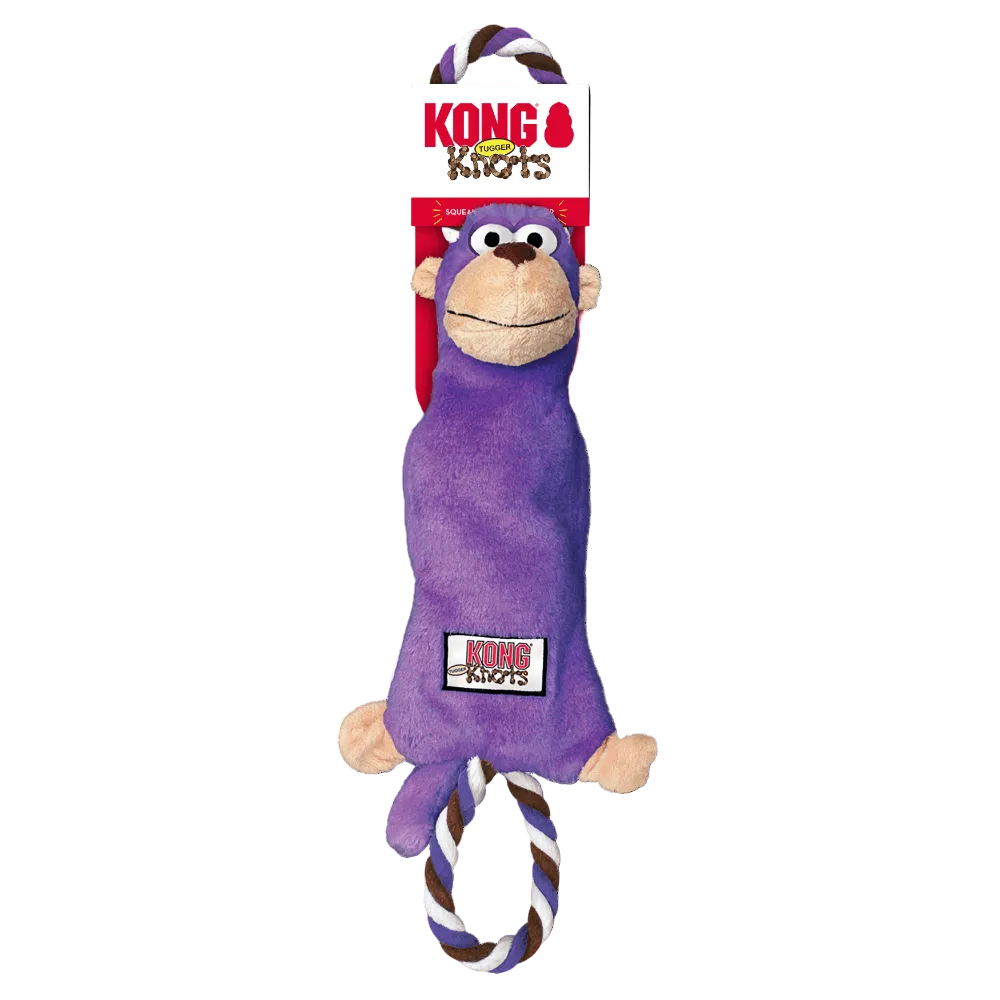 Purple monkey-shaped KONG Kids toy with a rope on a white background