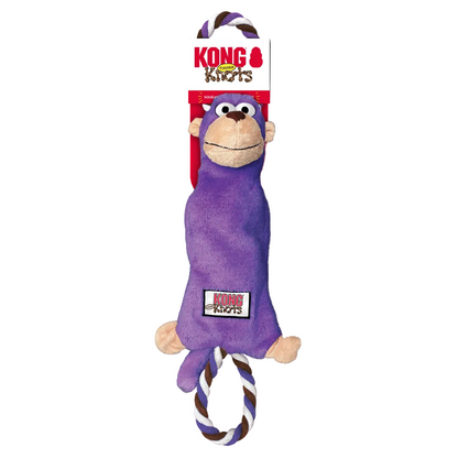 Purple monkey-shaped KONG Kids toy with a rope on a white background