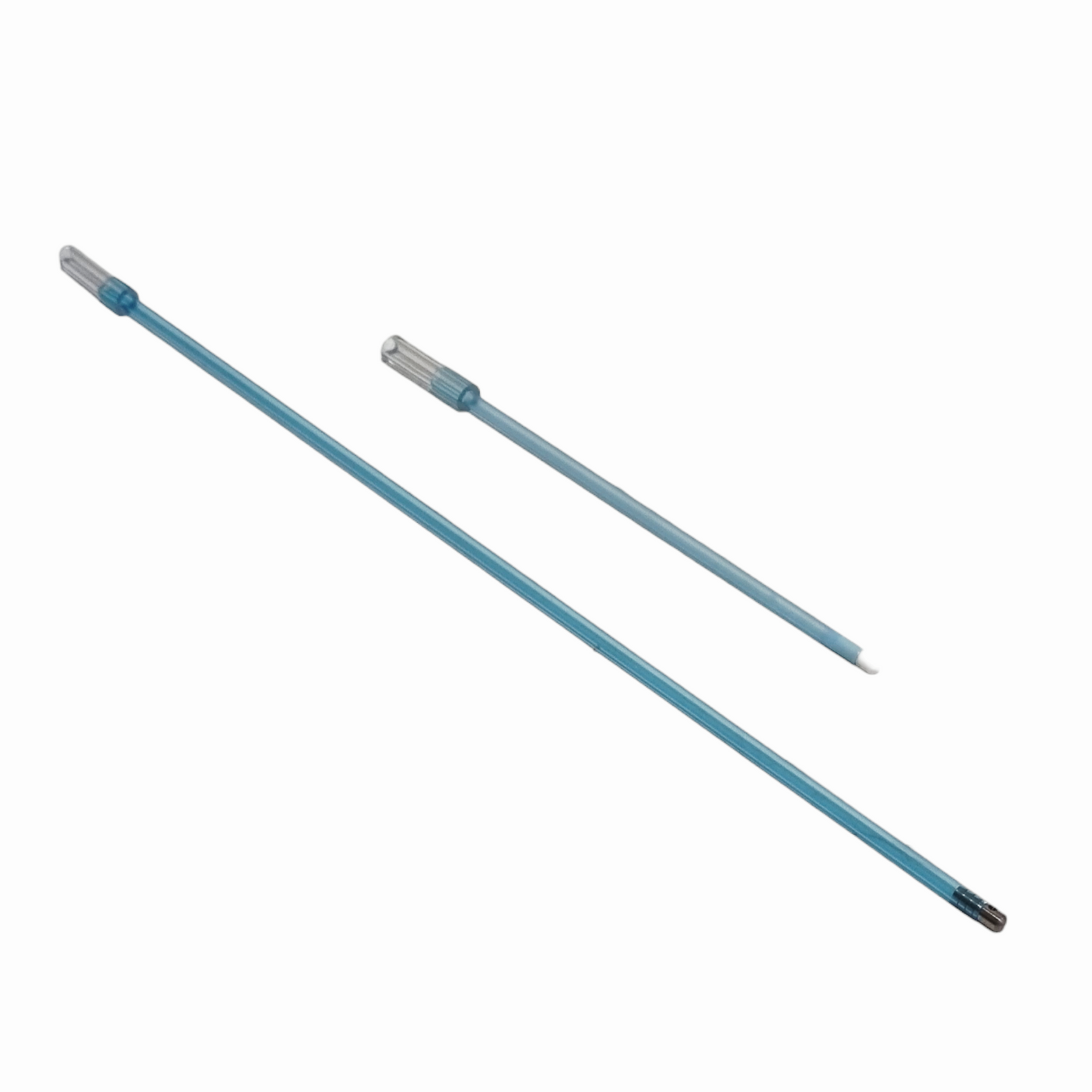 Two M2 Blue insemination tubes on a white background