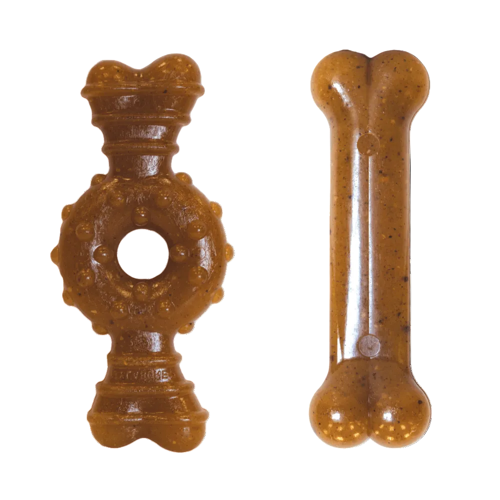 Two Nylabone Puppy Chews on a white background