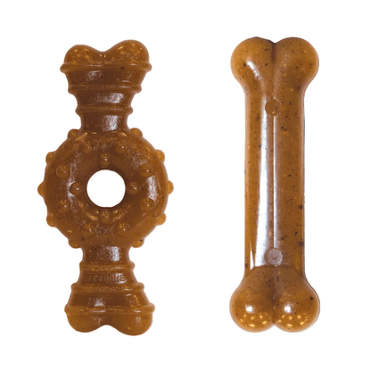 Two Nylabone Puppy Chews on a white background