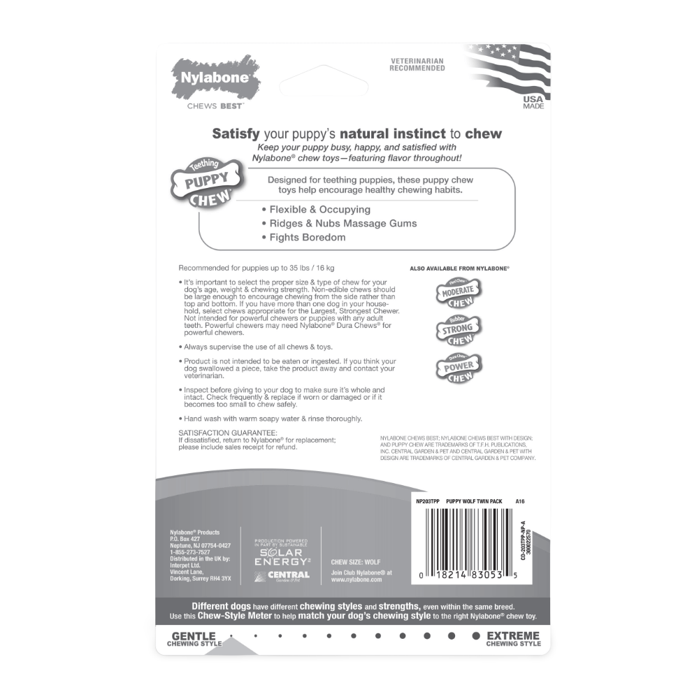 Back of a Nylabone chew product packaging with text and branding.