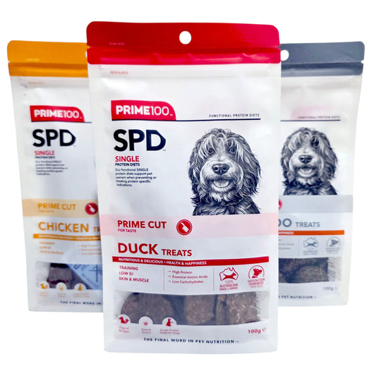 Dog food packages with Prime 100 branding on a white background