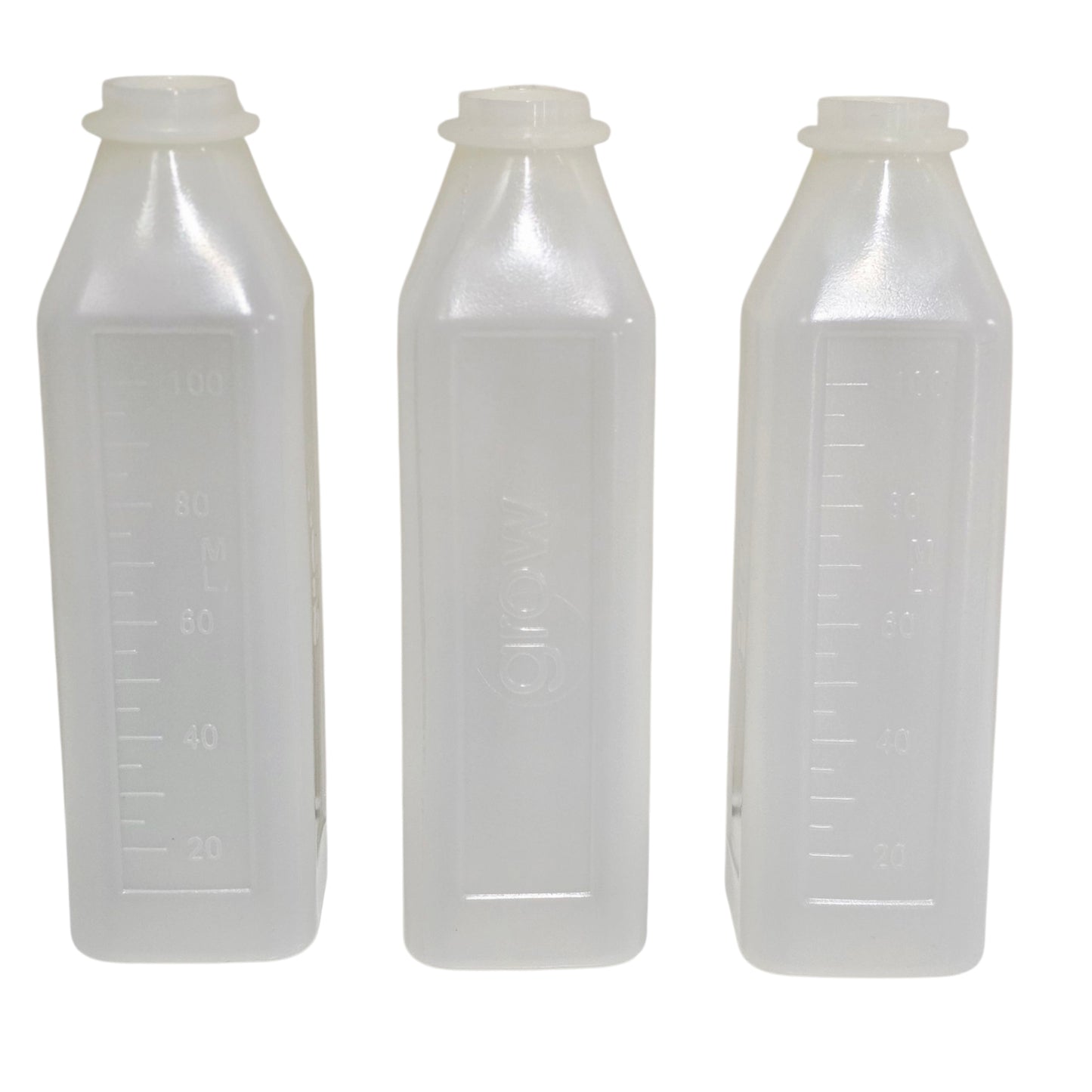 Three clear plastic paswell bottles with measurement markings on a white background