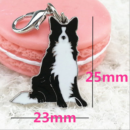 Border Collie Key Tag on fluffy white background with pink