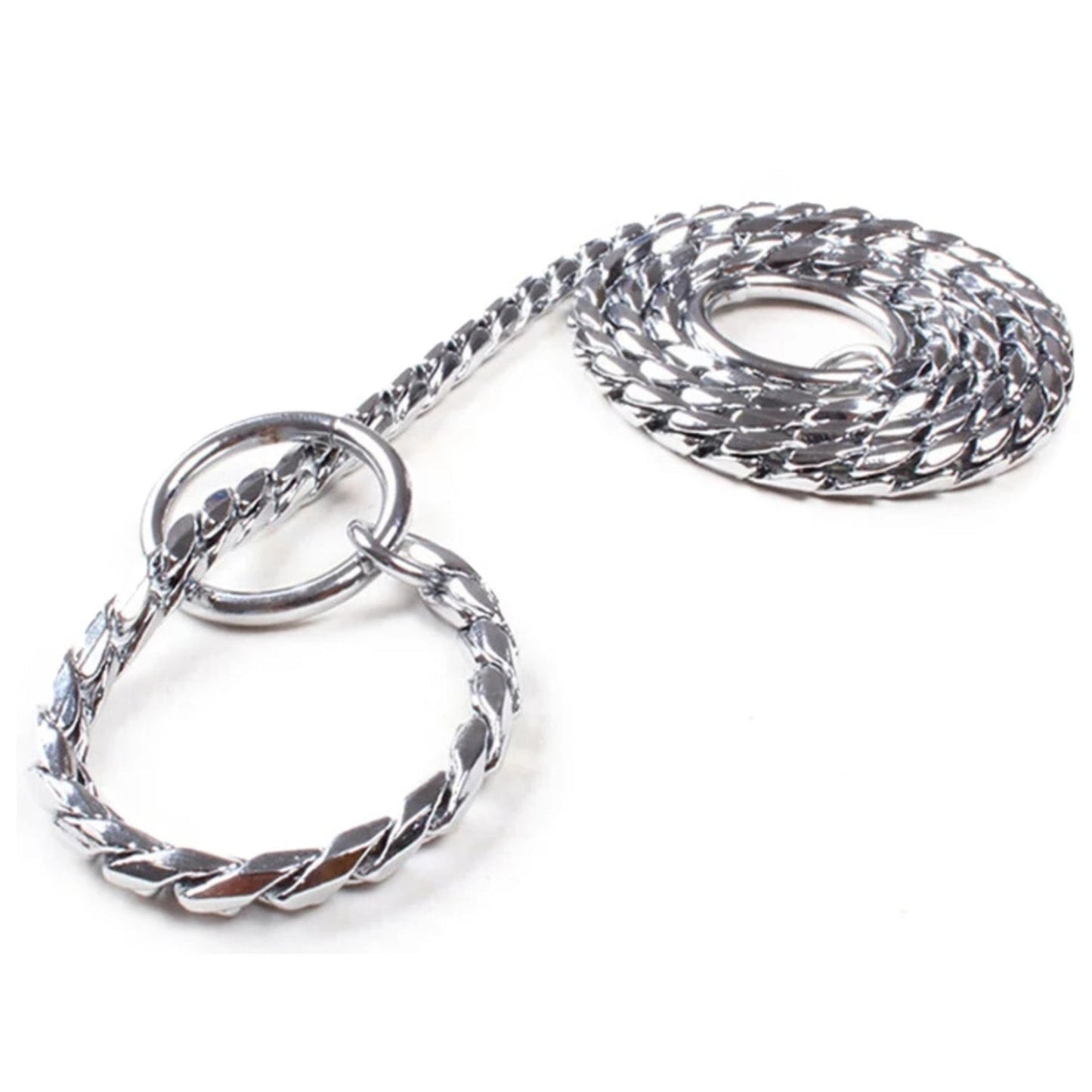 A chrome plated snake chain for dogs.
