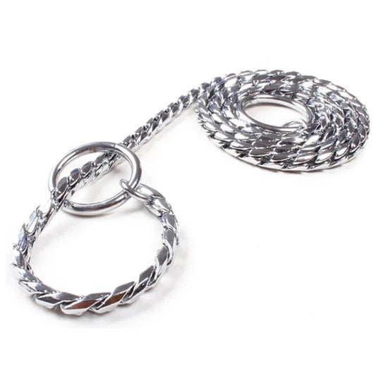 A chrome plated snake chain for dogs.