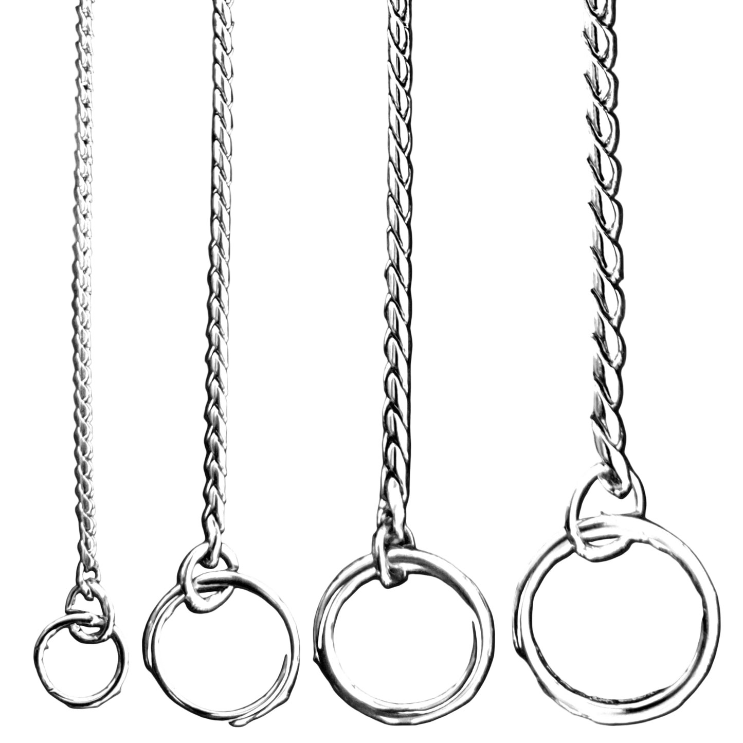 Set of four chrome snake chains on white background